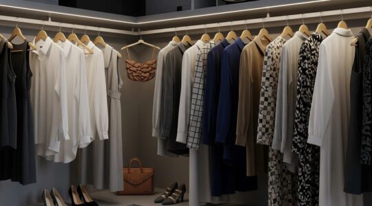Vue d'ensemble d'un dressing organisé avec des vêtements basiques et pièces fortes, montrant l'équilibre stylé et fonctionnel
