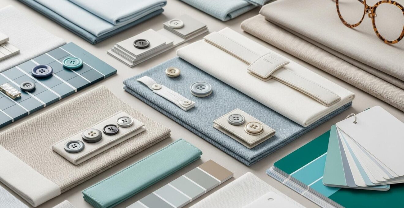 Palette réaliste de tissus et accessoires scandinaves déclinés dans des teintes pastel et neutres.