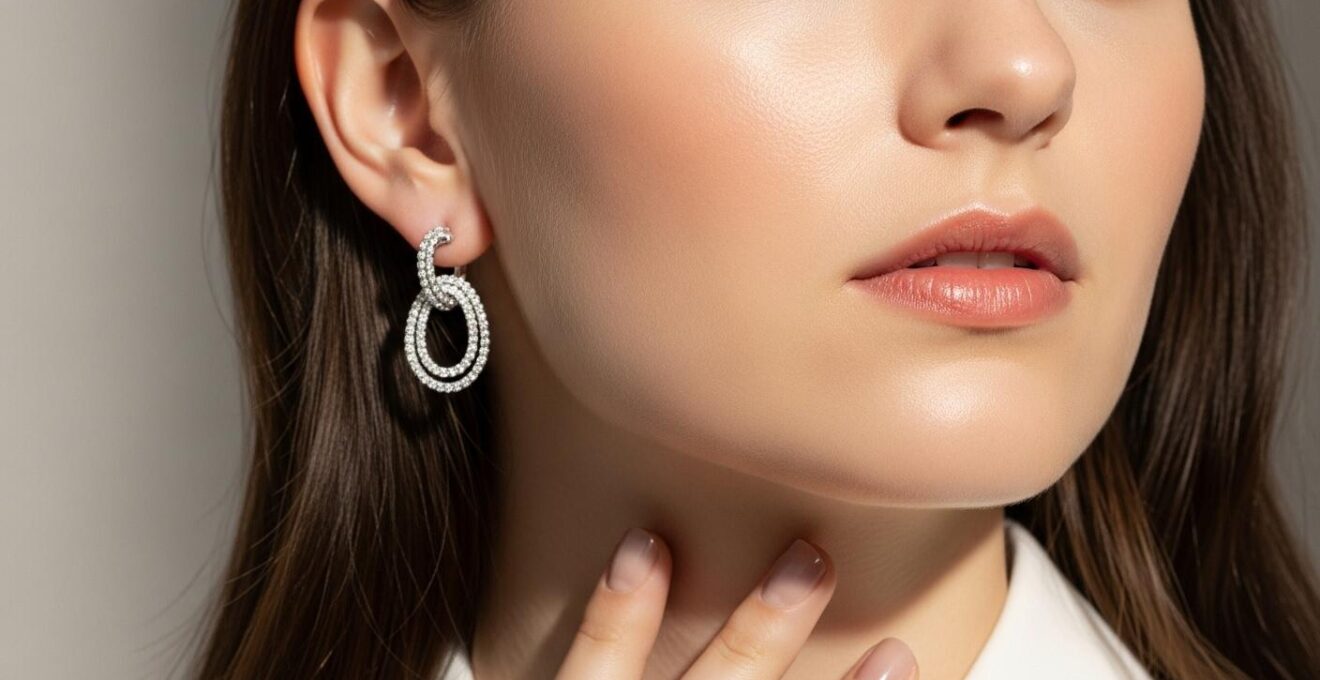 Portrait d'une femme élégante portant des boucles d'oreilles pendantes mettant en valeur son visage.