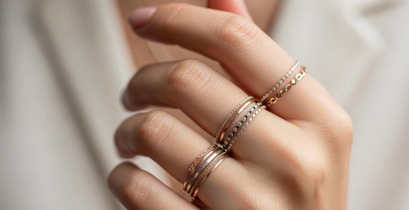 Une main de femme délicatement ornée de plusieurs bijoux fins et élégants en or, capturée en lumière naturelle douce.