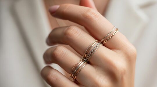 Une main de femme délicatement ornée de plusieurs bijoux fins et élégants en or, capturée en lumière naturelle douce.