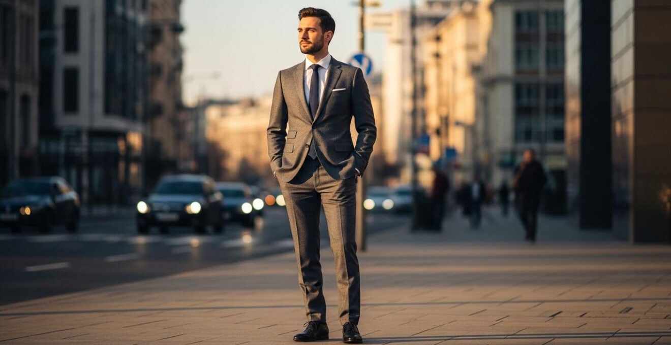 Homme élégant en costume, debout dans une rue urbaine, lumière naturelle, ambiance contemporaine.