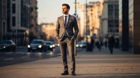 Homme élégant en costume, debout dans une rue urbaine, lumière naturelle, ambiance contemporaine.