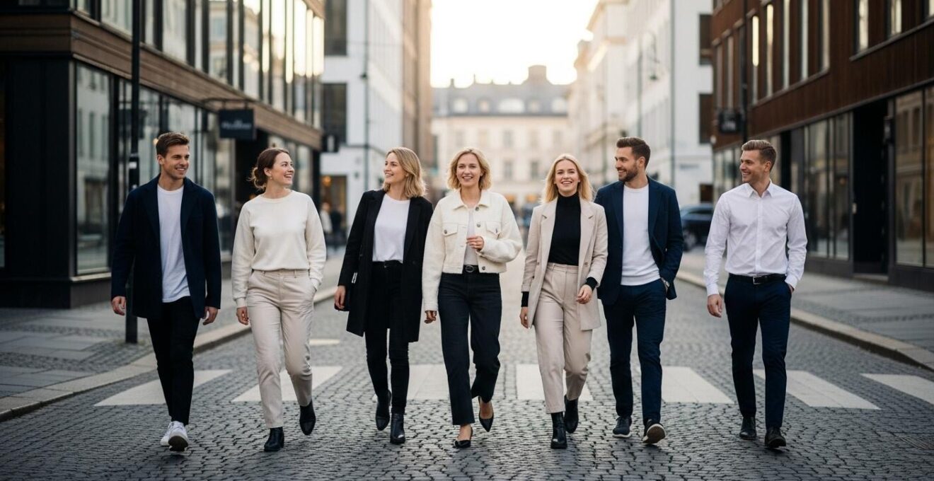 Scène urbaine lumineuse avec un groupe de jeunes adultes portant des tenues minimalistes scandinaves dans une rue nordique.