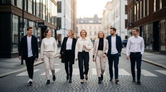 Scène urbaine lumineuse avec un groupe de jeunes adultes portant des tenues minimalistes scandinaves dans une rue nordique.