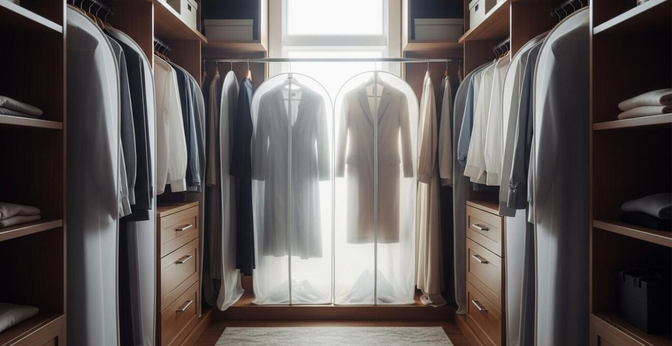 Un dressing élégant avec des vêtements luxueux suspendus dans des housses de protection en tissu respirant.