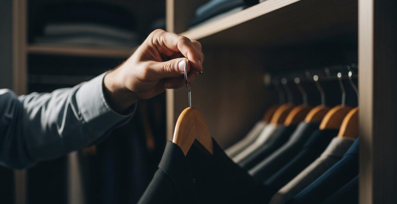 Un homme suspendant délicatement un vêtement sur un cintre en bois, dans un dressing bien organisé