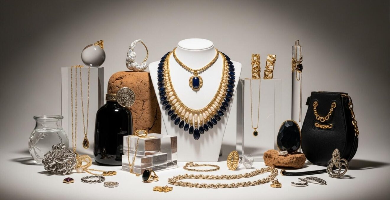 Composition environnementale illustrant des bijoux et accessoires équilibrés et harmonieux