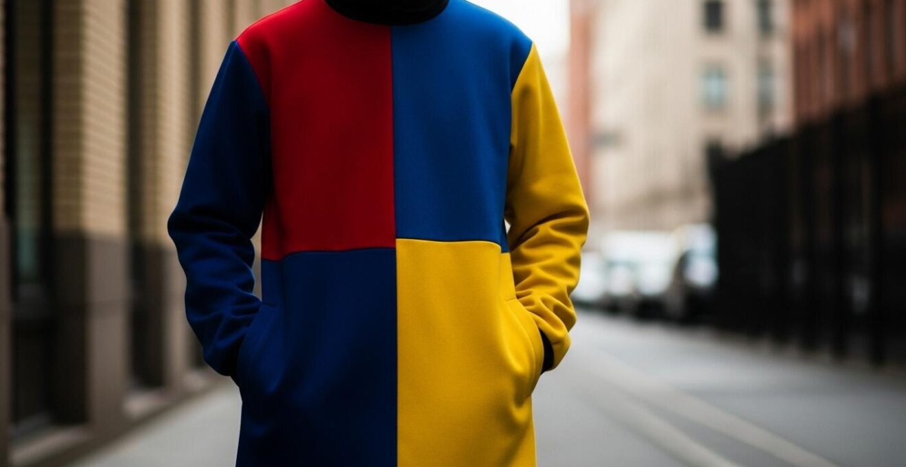 Représentation d'une tenue color block composée de blocs nets de couleurs vives et contrastées, portée dans un environnement urbain.