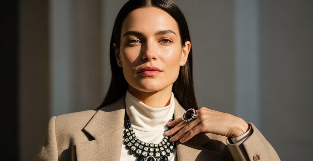 Portrait d'une femme élégante portant une pièce forte unique qui métamorphose son allure.