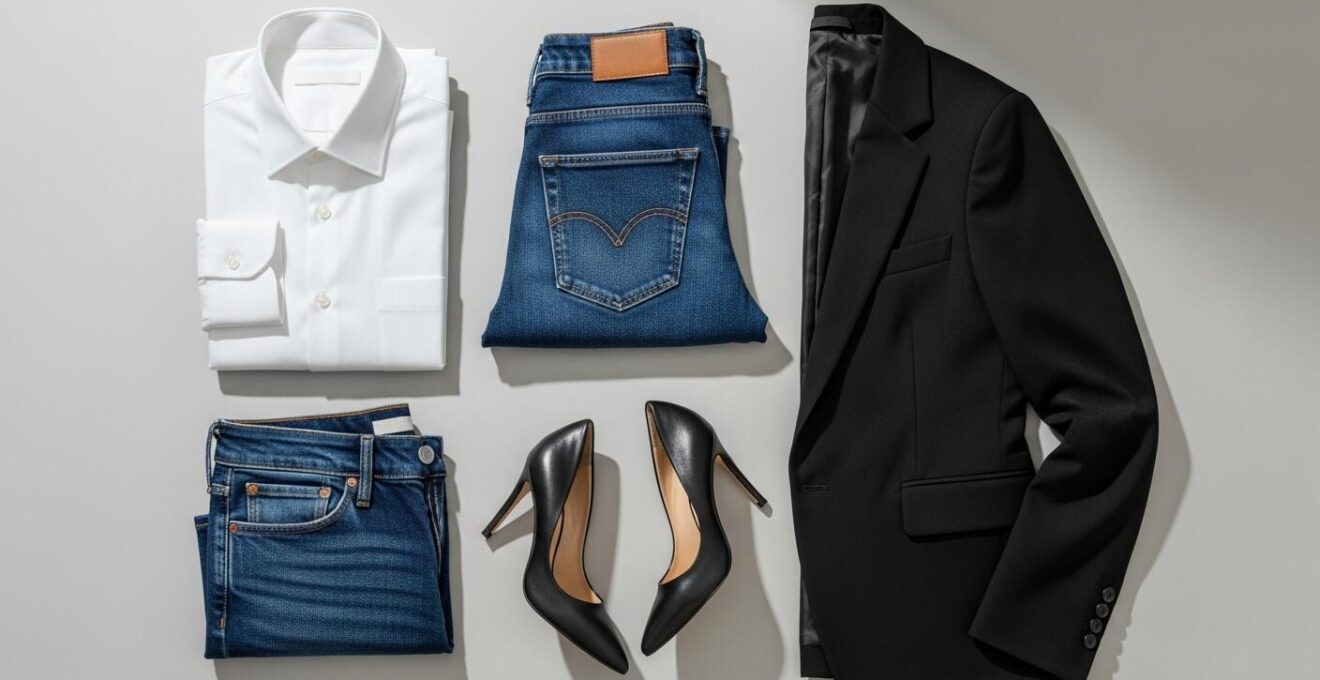 Une sélection épurée de vêtements et chaussures classiques sur une surface neutre, illustrant une garde-robe capsule minimaliste.