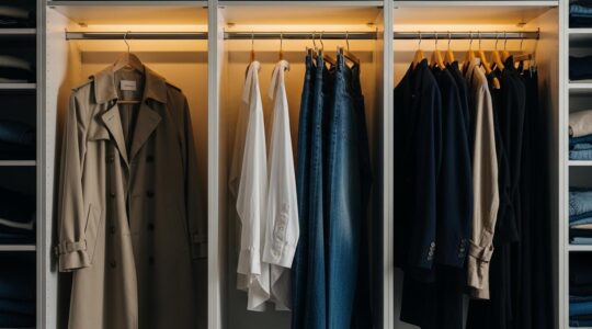 Une penderie élégante avec des pièces classiques bien organisées, lumineuse et intemporelle