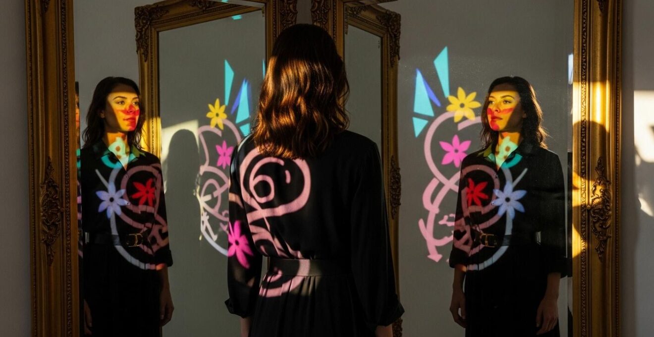 Une femme élégante devant un miroir antique reflétant non seulement son image mais aussi des motifs symboliques colorés représentant son âme et son style unique.