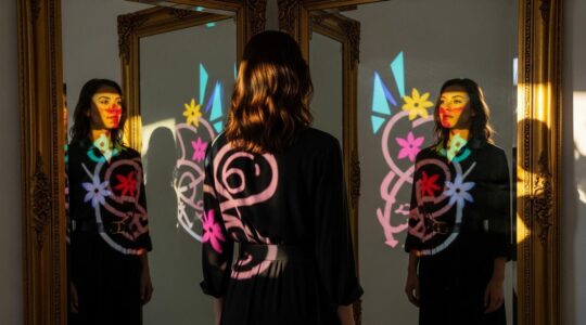 Une femme élégante devant un miroir antique reflétant non seulement son image mais aussi des motifs symboliques colorés représentant son âme et son style unique.