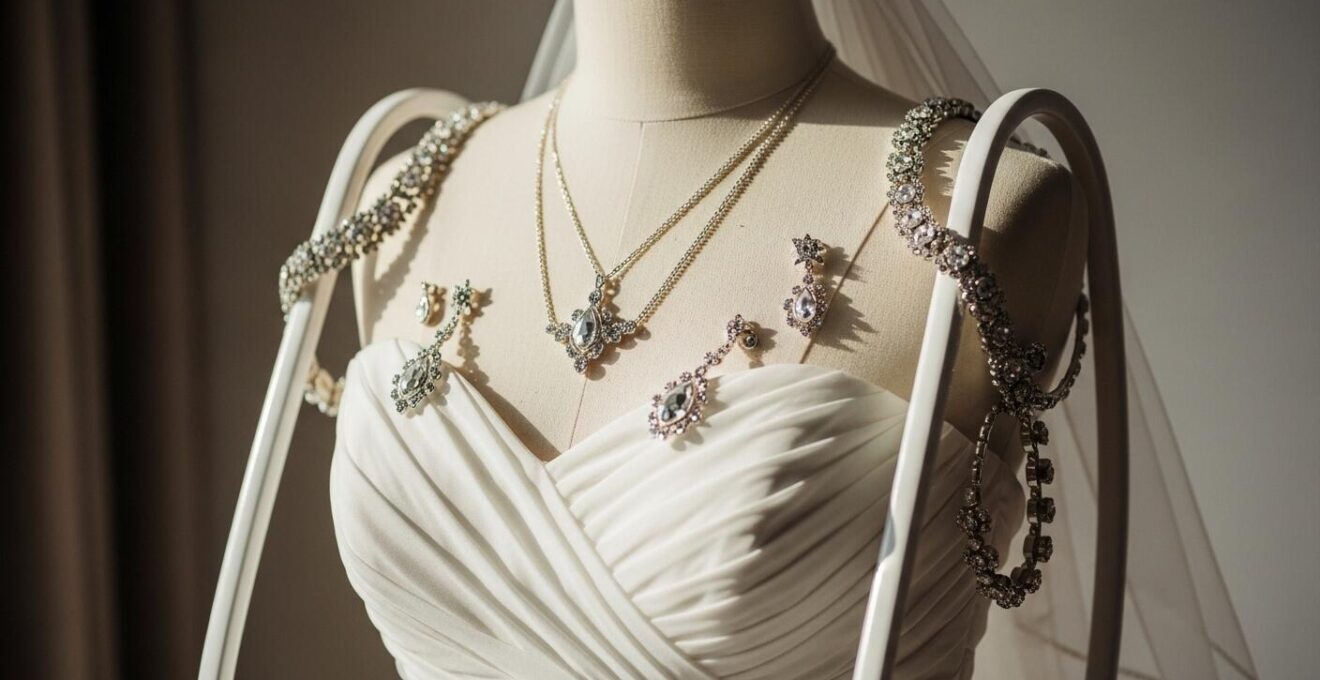 Harmonie entre bijoux et style de robe de mariée présentée avec accessoires assortis.