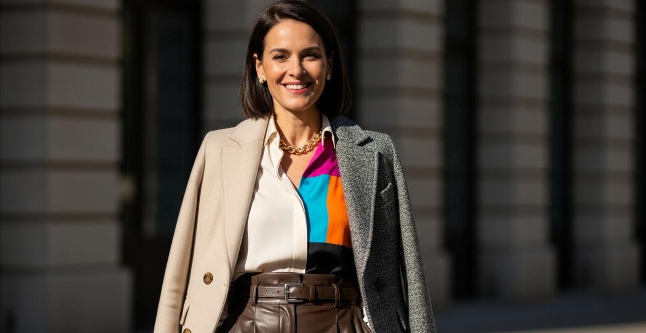 Femme élégante en tenue harmonieuse avec mélange subtil de couleurs et textures, lumière naturelle éclatante