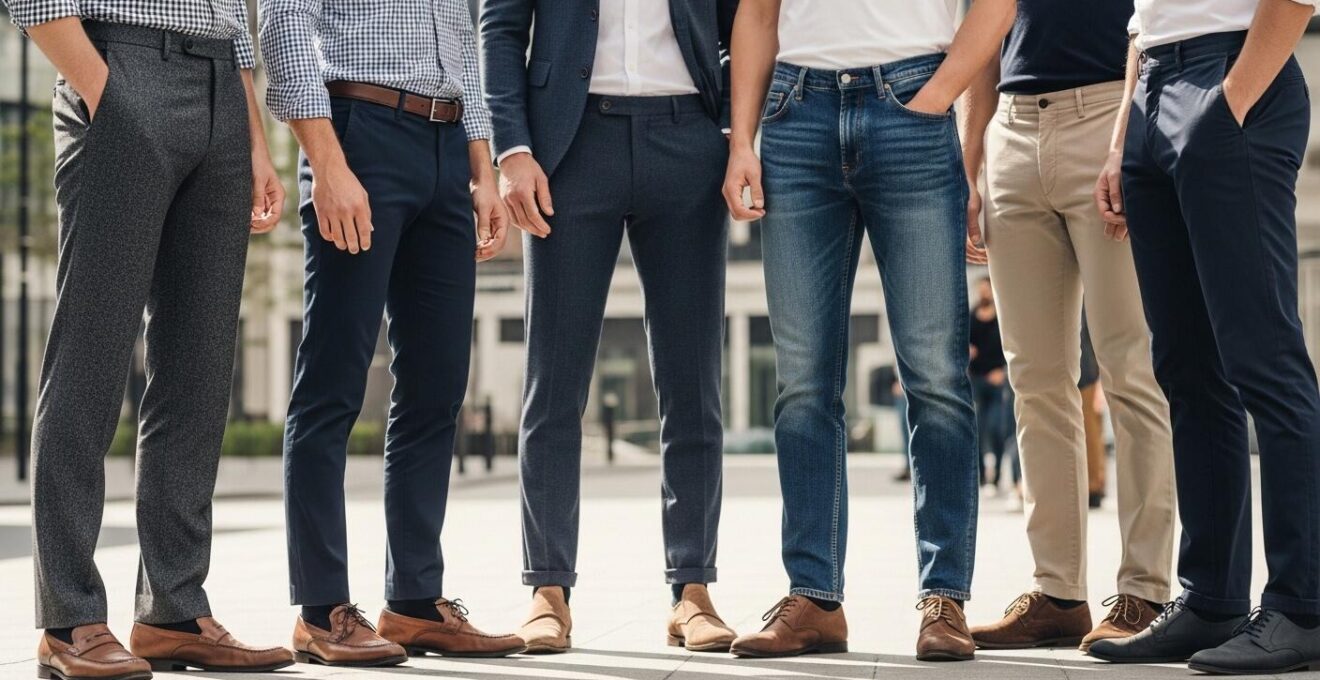 Photographie d'hommes portant différents pantalons masculins emblématiques, dans un environnement urbain moderne