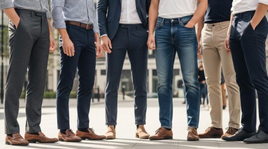 Photographie d'hommes portant différents pantalons masculins emblématiques, dans un environnement urbain moderne