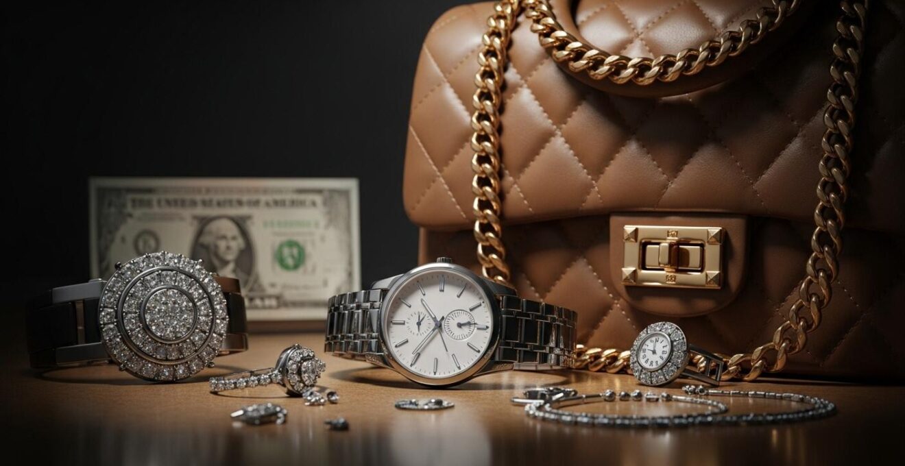 Composition minimaliste d’accessoires luxueux (sac matelassé, montre, bijou) avec un billet de banque en arrière-plan flou
