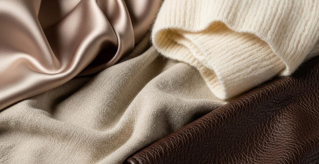 Photo réaliste mettant en scène des textures luxueuses et naturelles de tissus nobles comme la soie, le cachemire, le lin et le cuir, enroulés et drapés élégamment.