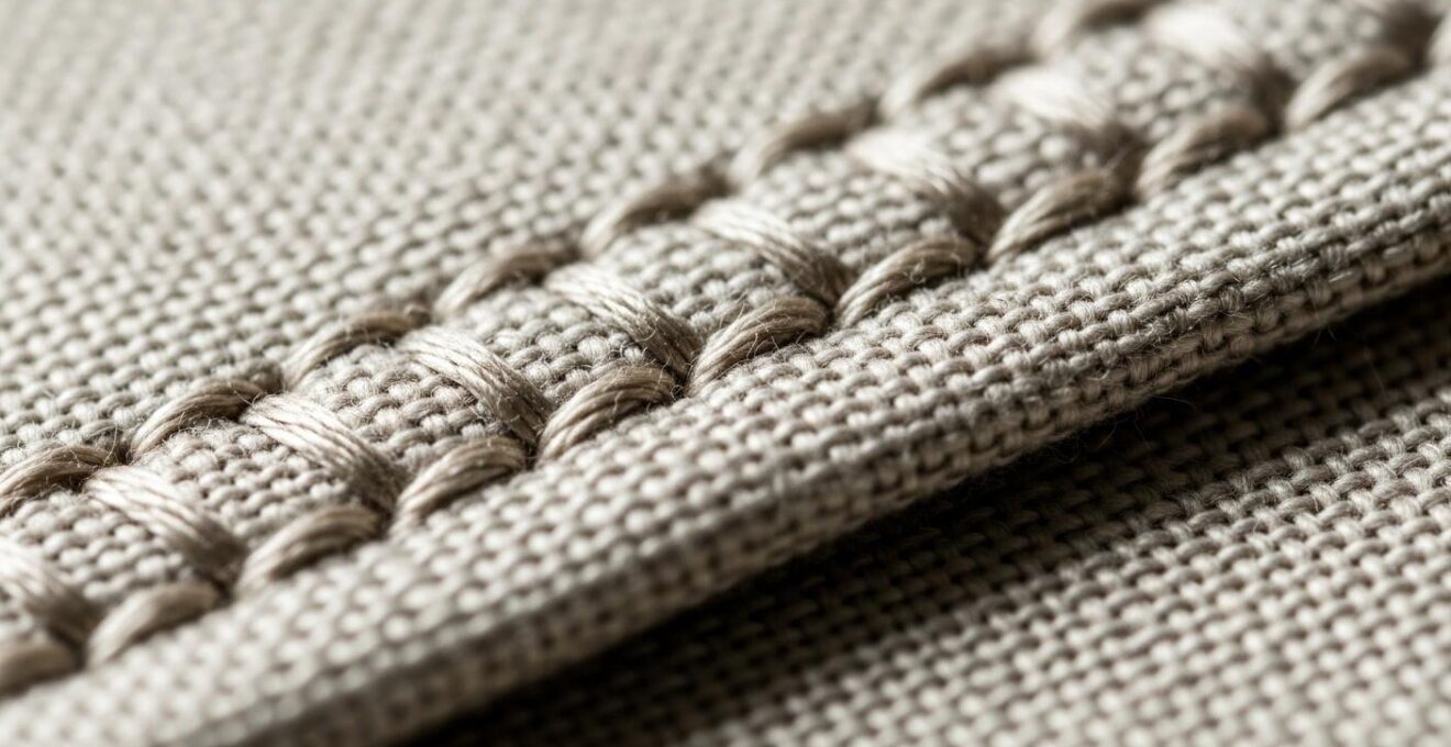Gros plan sur des coutures doubles renforcées et tissu naturel haut de gamme
