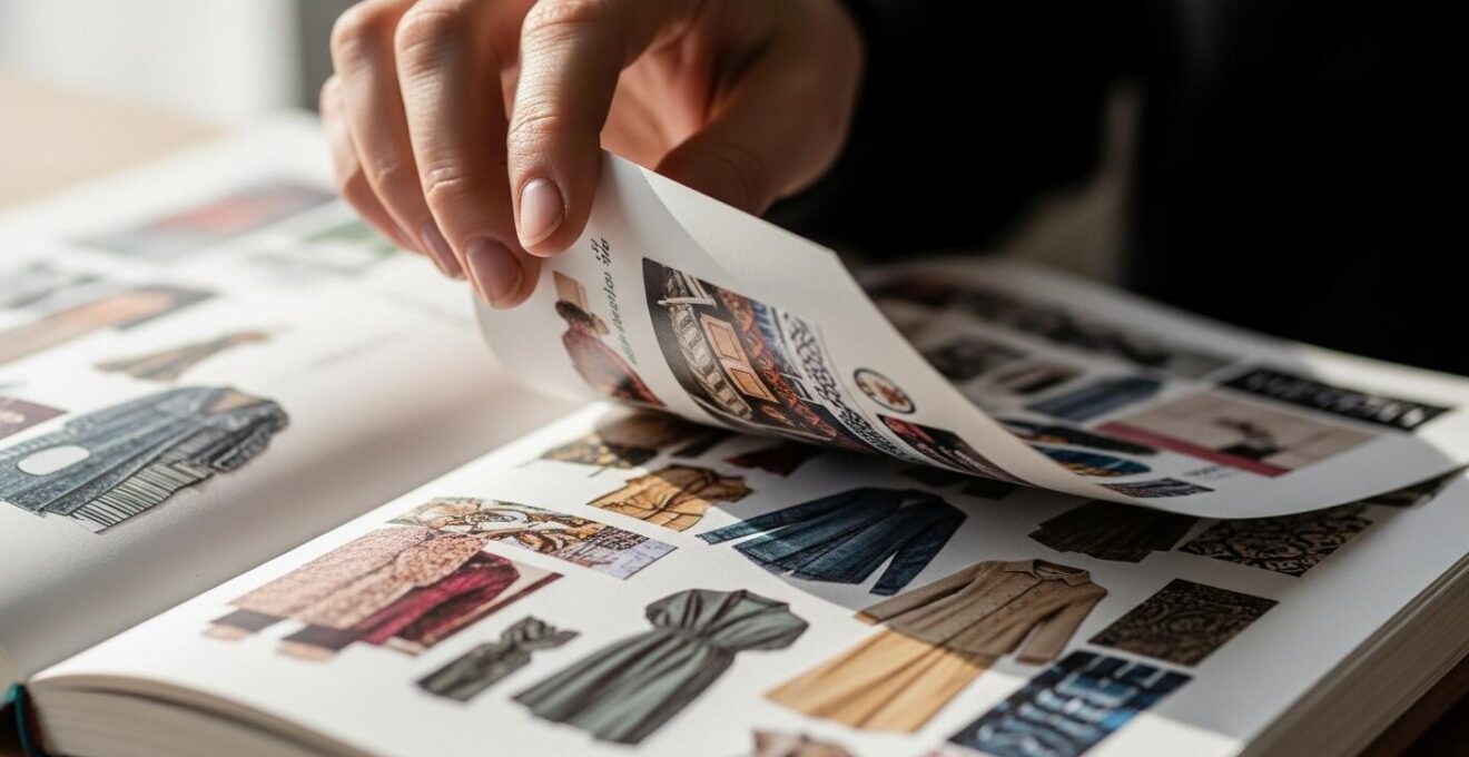 Une main tourne les pages d’un carnet rempli de collages mode colorés, lumière naturelle