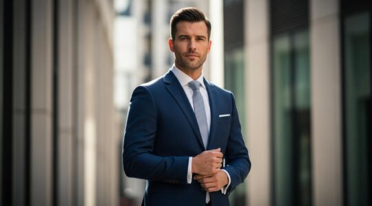 Un homme élégant en costume moderne dans un environnement urbain chic symbolisant le savoir-vivre vestimentaire masculin.
