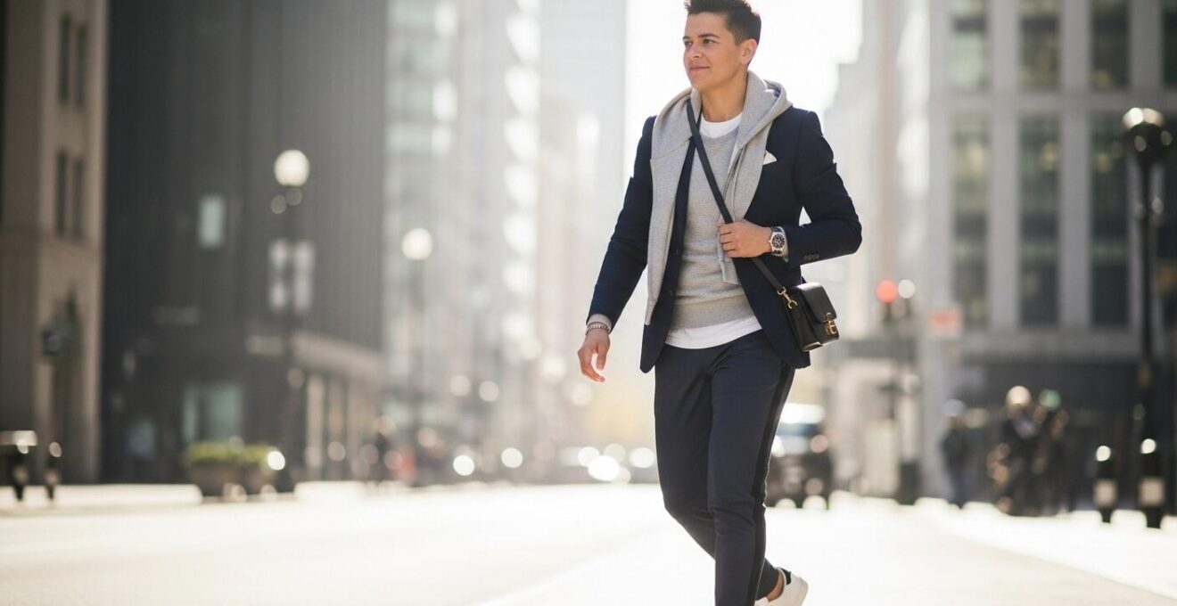 Une personne stylée mélangeant des éléments sportswear et classiques dans un environnement urbain moderne.