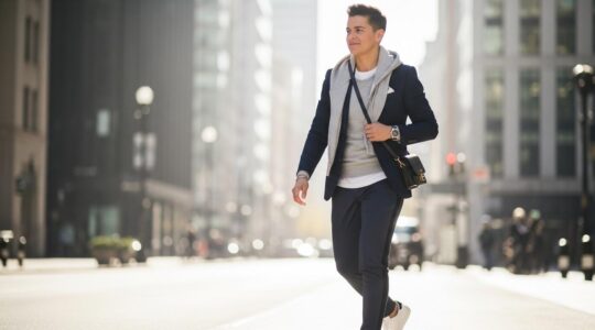 Une personne stylée mélangeant des éléments sportswear et classiques dans un environnement urbain moderne.