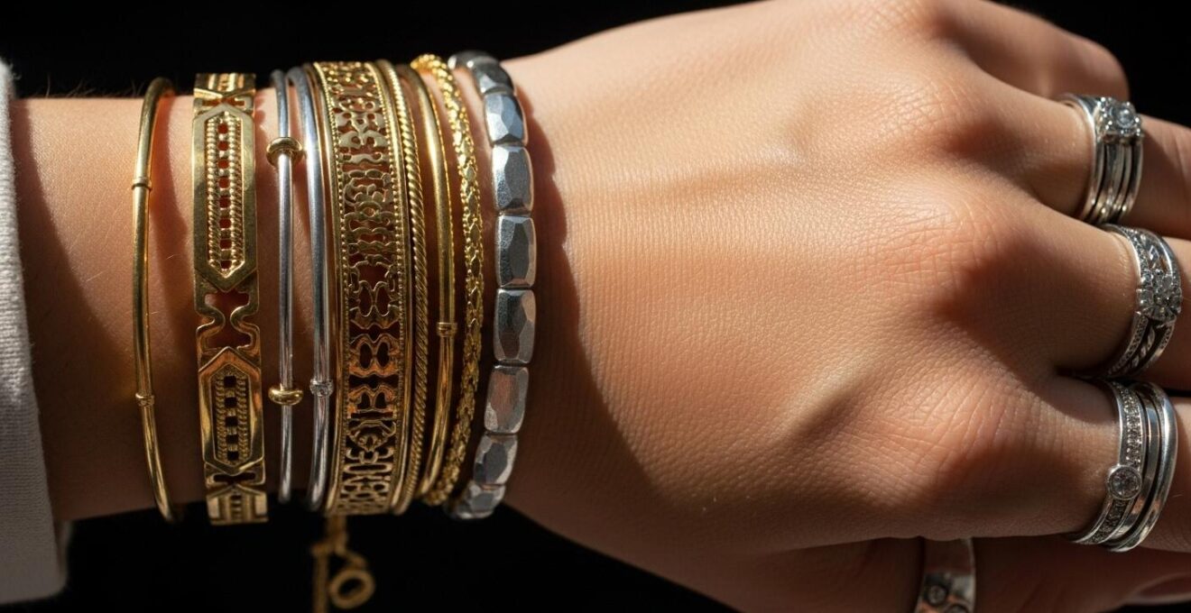 Bracelets et bagues en or et argent portés ensemble montrant un mélange harmonieux