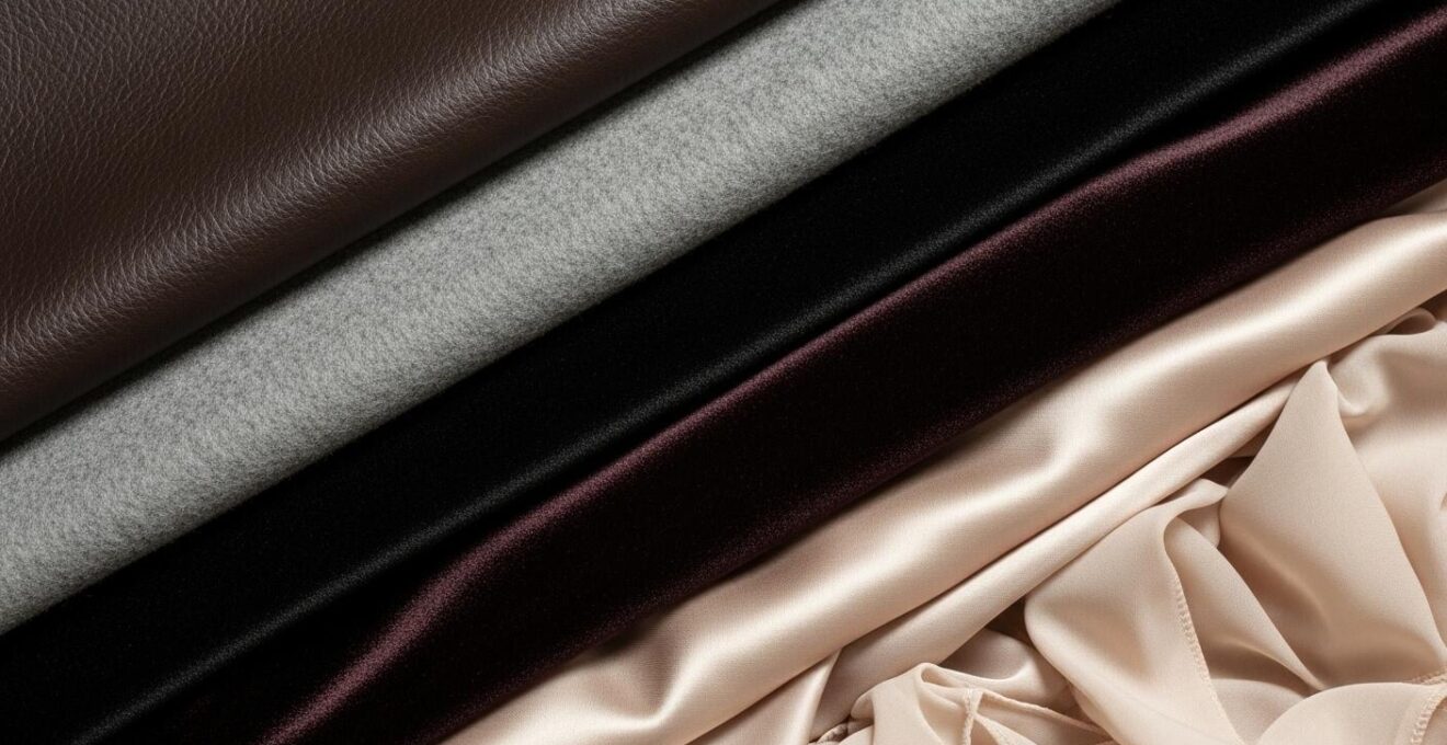 Composition photographique artistique montrant un mélange harmonieux de différentes textures textiles dans des vêtements élégants