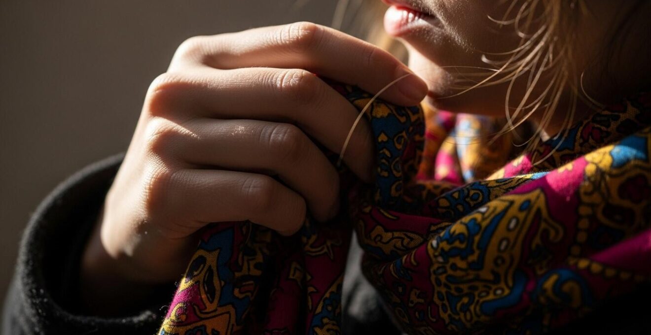 Gros plan sur une main tenant un foulard coloré proche du visage, avec un regard captivé en arrière-plan