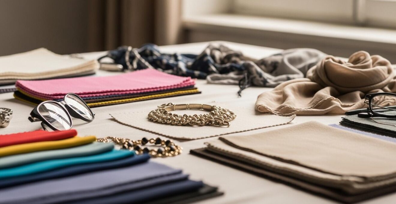 Illustration montrant une composition artistique de palettes de couleurs variées avec des textures textiles et des accessoires mode.