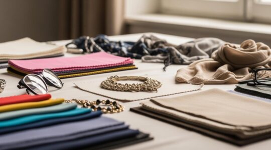 Illustration montrant une composition artistique de palettes de couleurs variées avec des textures textiles et des accessoires mode.