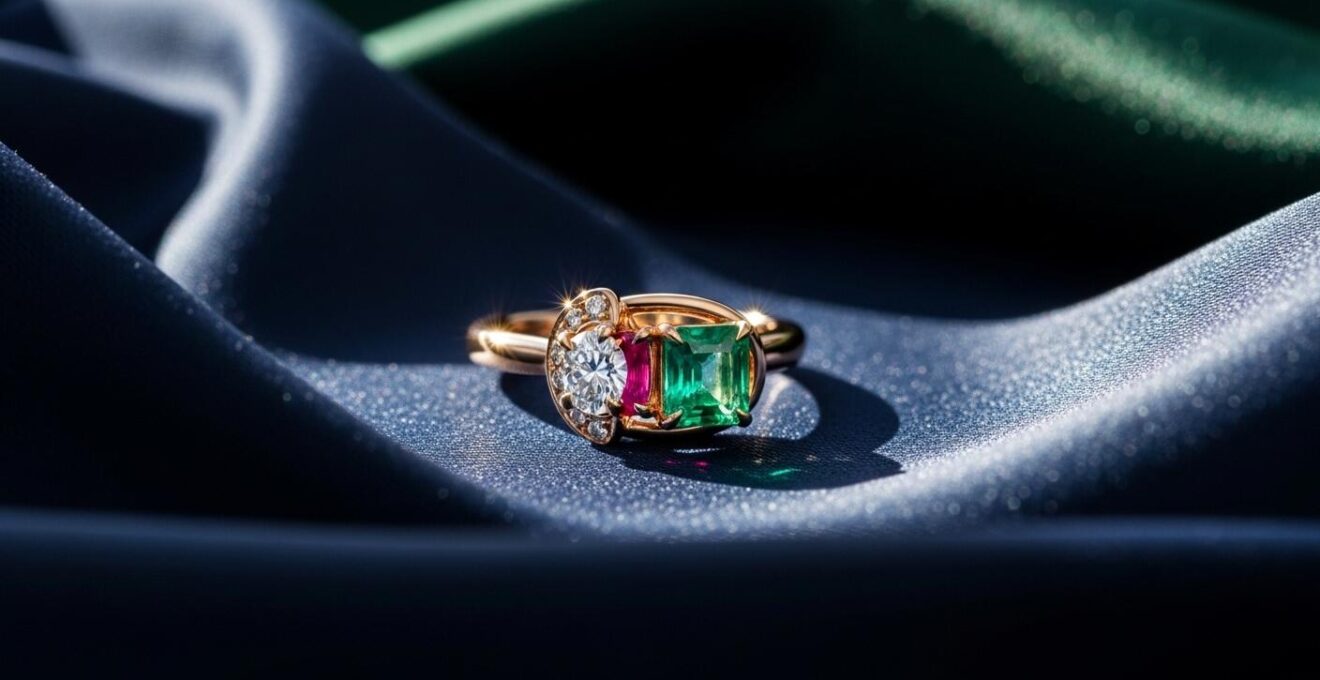 Bijou de haute joaillerie posé sur un tissu élégant, mettant en avant son design sophistiqué et son éclat exceptionnel.