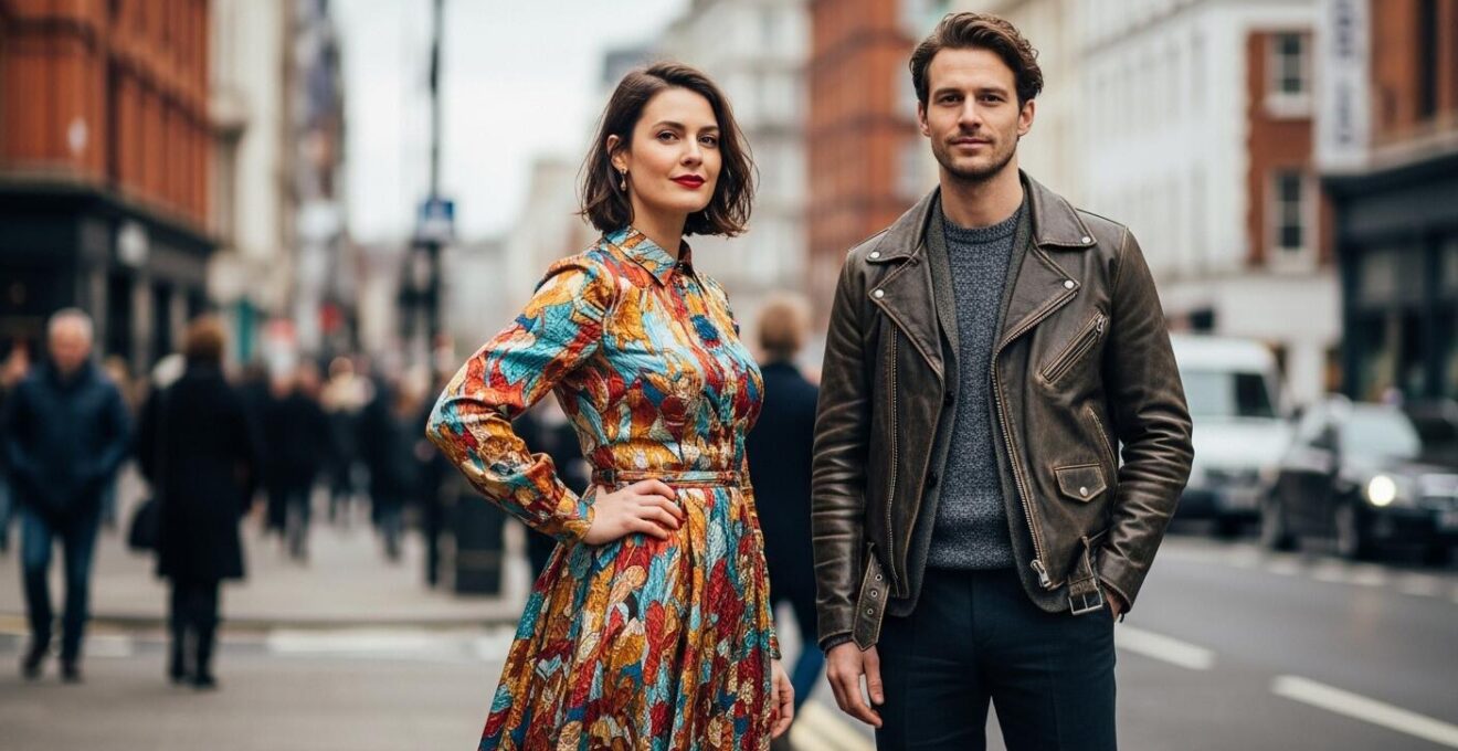 Portrait réaliste d'une femme et d'un homme affichant chacun leur style vestimentaire unique en milieu urbain