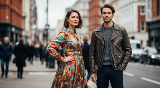 Portrait réaliste d'une femme et d'un homme affichant chacun leur style vestimentaire unique en milieu urbain