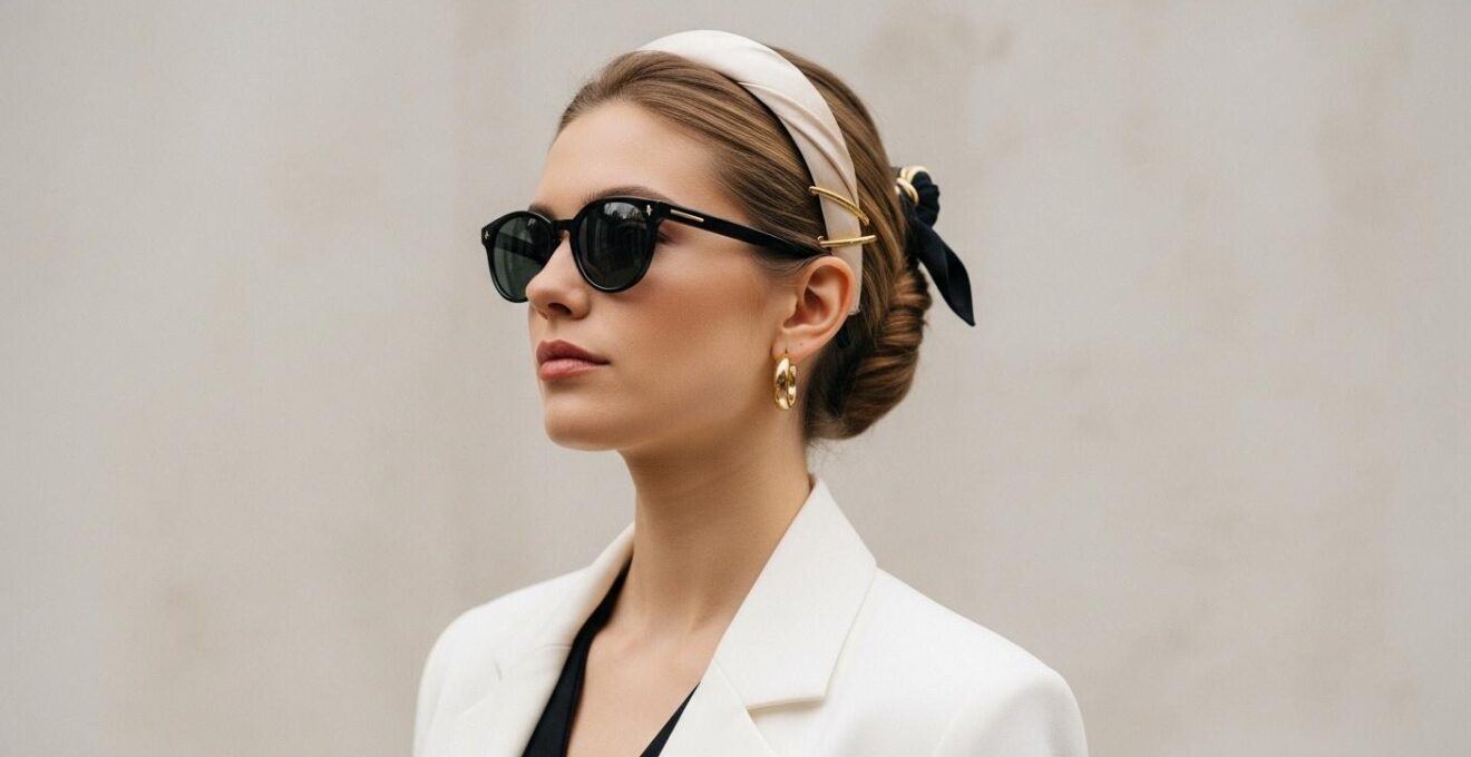 Portrait réaliste mettant en valeur des cheveux coiffés comme accessoire de mode, ambiance élégante et moderne.