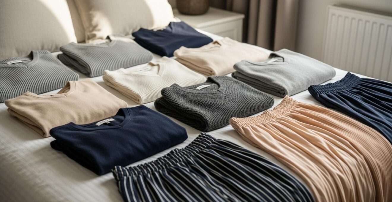 Vue d’ensemble d’une chambre avec un dressing organisé et plusieurs tenues prêtes posées sur un lit