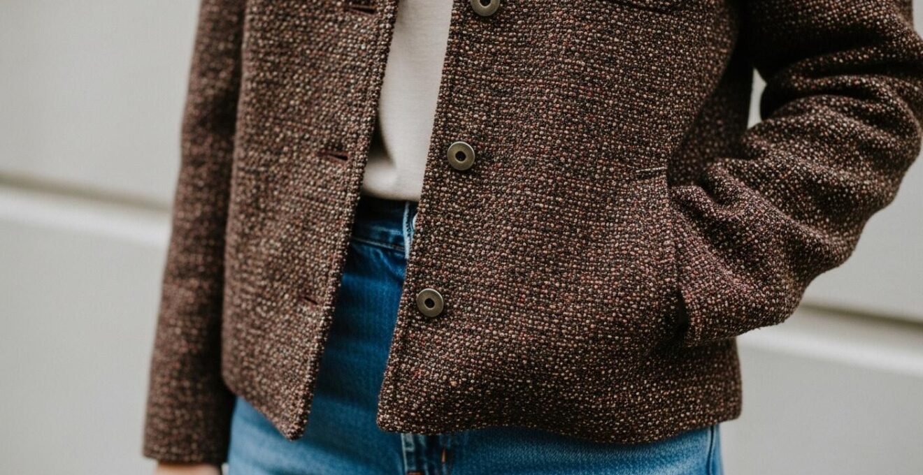 Détail d'une femme portant une veste élégante comme troisième pièce sur un ensemble simple jean-t-shirt