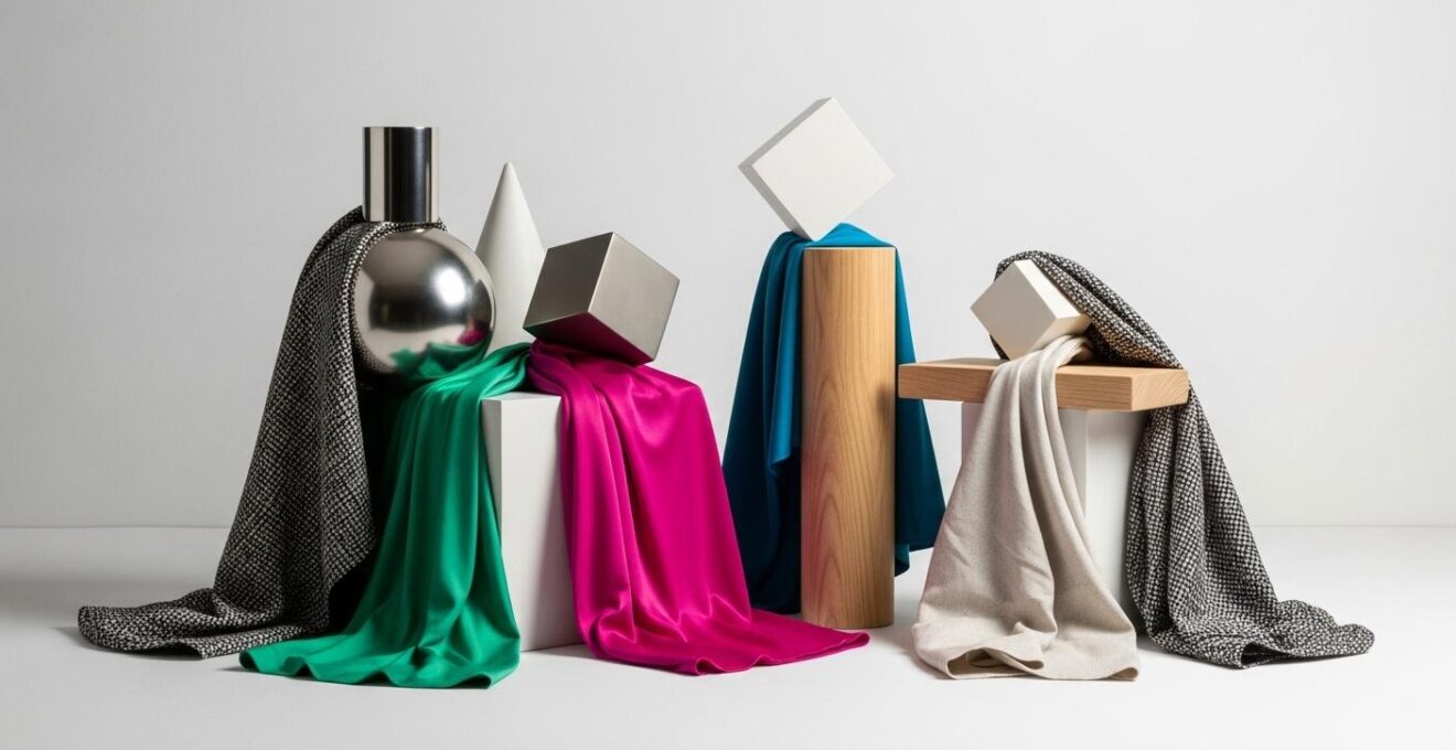 Composition environnementale symbolisant l'équilibre des volumes par des formes géométriques et textiles contrastés