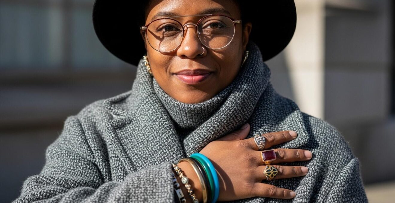 Portrait humain d’une personne exprimant son style unique à travers des vêtements et accessoires distinctifs.