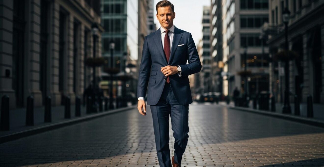 Photographie d'un homme élégant en tenue moderne et classique illustrant les fondations du style masculin