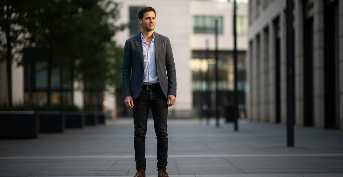 Un homme habillé en smart casual, mélangeant jean, blazer et chaussures élégantes dans un cadre urbain.