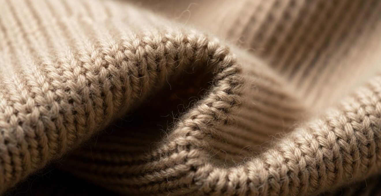 Photo en gros plan d'un pull en cachemire montrant la finesse et la douceur des fibres