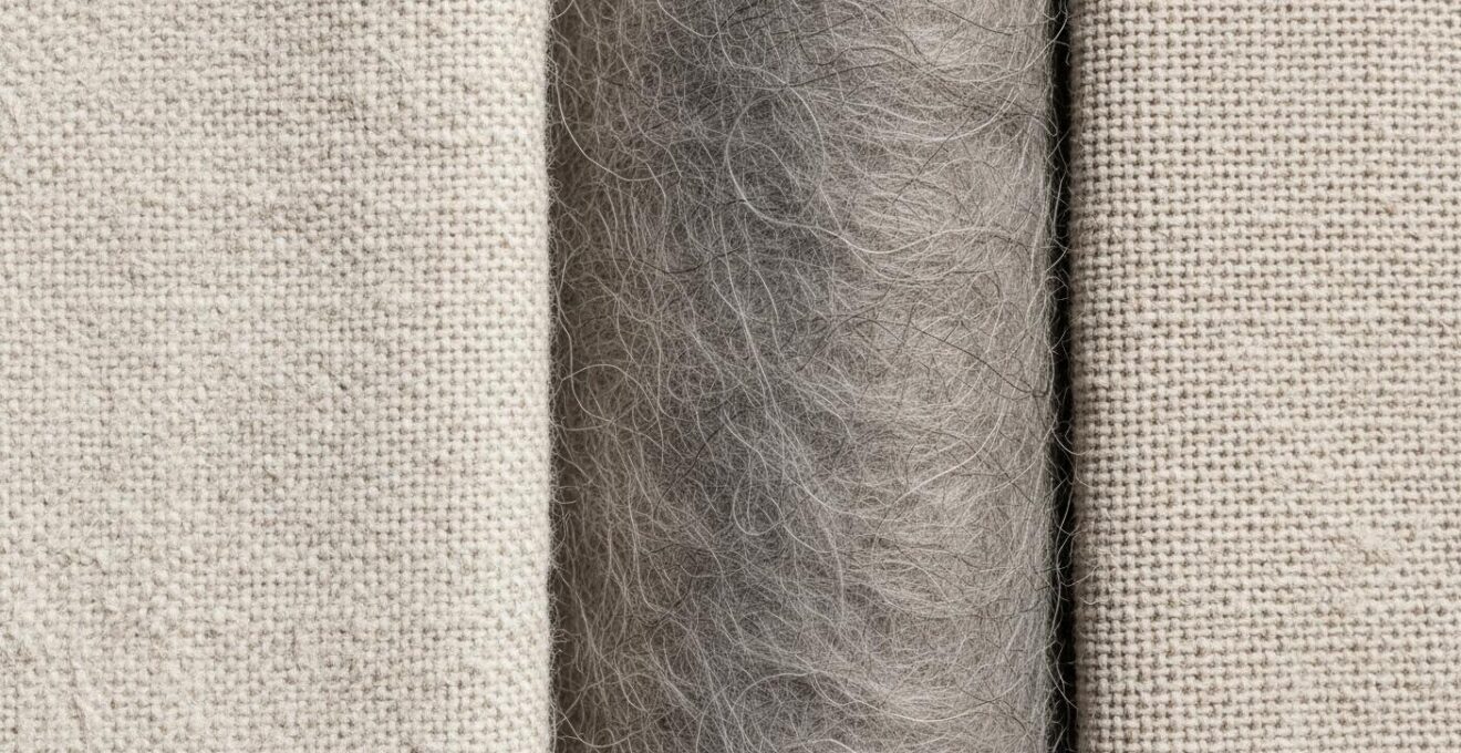 Gros plan sur différentes matières textiles naturelles comme le coton, la laine et le lin