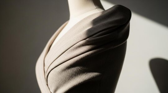 Vue artistique d'un mannequin habillé d'un vêtement bien coupé avec un tissu texturé distinct, soulignant la qualité et la forme.
