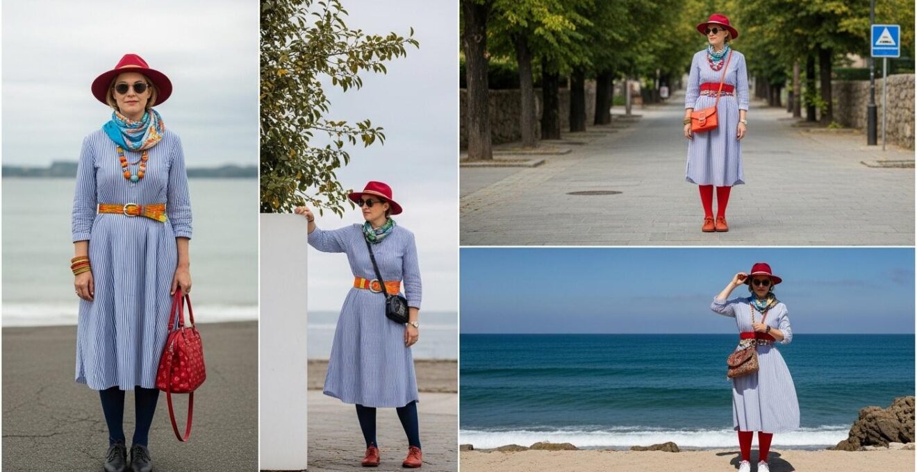 Quatre petits cadres photo montrant une même robe stylisée différemment avec des accessoires variés