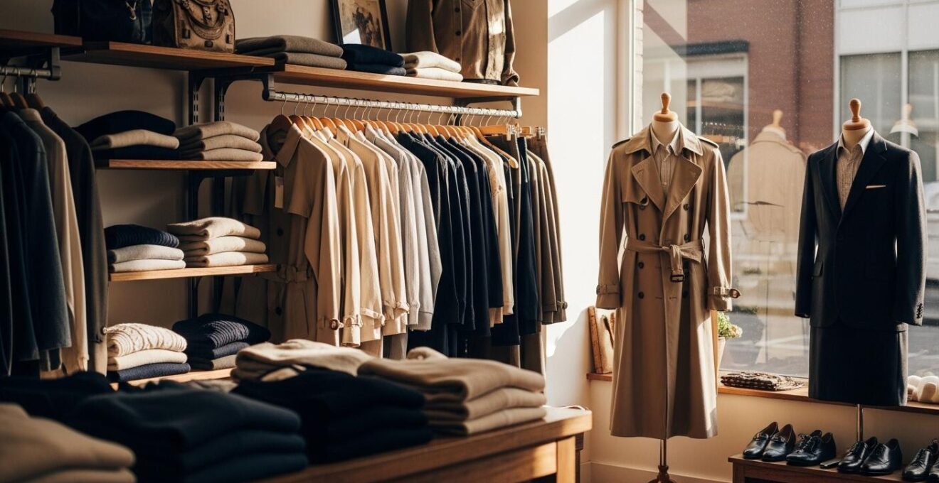 Vue intérieure d’une boutique vintage avec des pièces de mode intemporelles soigneusement présentées.