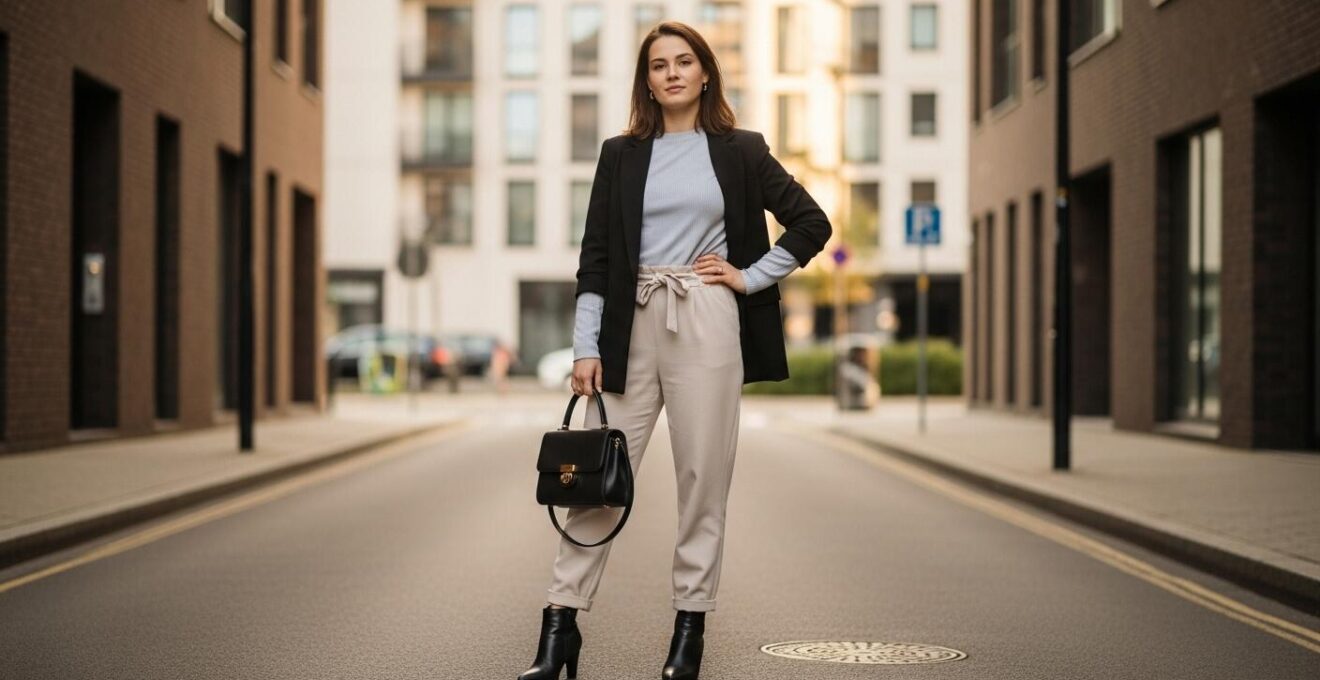 Une femme élégante vêtue d'une tenue contemporaine chic, rayonnant de bien-être en milieu urbain.